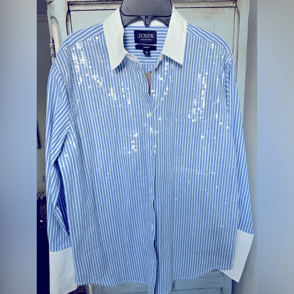 NWT J. Crew Collection Blue and White Striped Sequined Button Down size 2